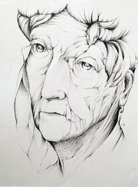 Mit fein verästelten Linien schafft Anett Schuster in ihrer Zeichnung "Eva mit Schlange" Plastizität.
