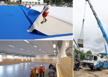 2021 hat sich an Sportstätten viel getan: Der Hockeyplatz erhielt einen neuen Kunstrasen (oben), das Volkshaus eröffnete nach der Sanierung (unten) und eine Kletterwand komplettiert den Freizeitpark (rechts). 