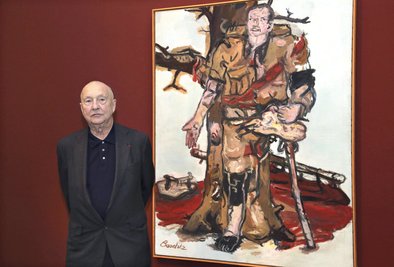 Nicht jedes Motiv steht bei Baselitz Kopf: Der Künstler 2016 in Frankfurt vor seinem Gemälde "Versperrter Maler" von 1965. 
