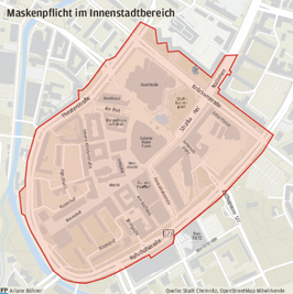 In dem markierten Bereich gilt ab sofort eine Maskenpflicht von Montag bis Samstag zwischen 6 und 22 Uhr.