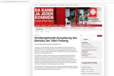 Der Screenshot zeigt die Information des Caritasverbandes Chemnitz auf seiner Homepage zur vorübergehenden Aussetzung des Betriebs der Tafel Freiberg.
