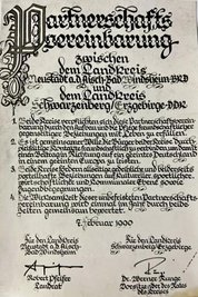 Partnerschaftsurkunde zwischen dem Landkreis Schwarzenberg und Neustadt/Aisch- Bad Windsheim unterzeichnet am 7. Februar 1990.