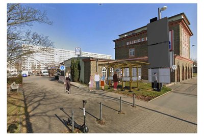 3D-Modell vom "Kiosk des Unwissens": Direkt am Fußweg von Tram zur Wohnsiedlung lädt der Kiosk zum Stehenbleiben ein.