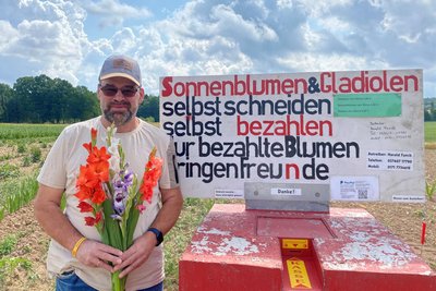 Auf dem Feld an der Pfaffenhainer Länge beginnen die Gladiolen allmählich ihre Blütenpracht zu zeigen. Die von einem anderen Feld mitgebrachte Sorte zeigt, welche Farben auch hier bald die Landschaft zieren werden.