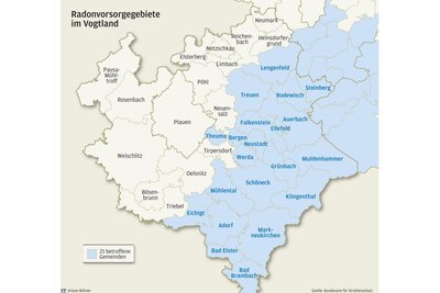 21 Kommunen gehören im Vogtlandkreis zum Radonvorsorgegebiet.