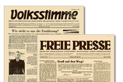 Die beiden Titelseiten der Erstausgaben der „Freien Presse“ Zwickau und der „Volksstimme“ Chemnitz.