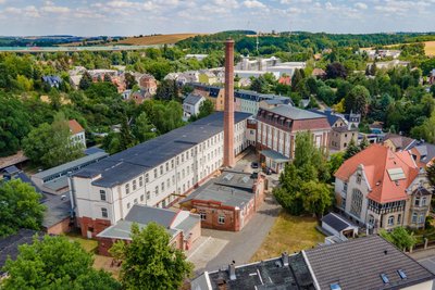 Die historische Tuchfabrik „Gebr. Pfau“ aus der Vogelperspektive.