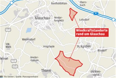 Diese Grafik zeigt die beiden Windkraft-Vorranggebiete in Glauchau.Bild: Steiner