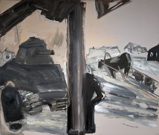 Zerklüftete, zerrüttete Winterlandschaften mit Panzer und herrenlosem Pferdewagen, zerstörten Häusern, dem Leid, das jeder Krieg hinterlässt: Bild "Bei Smolensk" von Axel Wunsch.