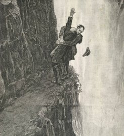Eine der bekanntesten Holmes-Szenen: Er stirbt im Kampf an den Reichenbach-Fällen in der Schweiz, und wird später wieder auferstehen.