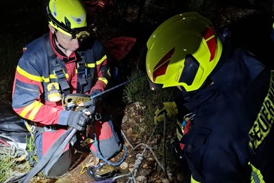Die Höhenretter seilten sich zu zweit ab, um Hündin Zora nach oben zu bringen.
