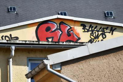 Am Gebäude der RFW Rochlitzer Fleisch- und Wurstwaren AG wurde ein Dach erklommen, um den Giebel zu beschmieren.