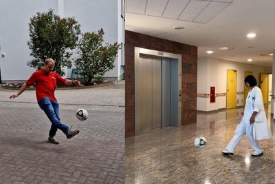 Fußball verbindet alle Mitarbeitenden im Klinikum Obergöltzsch: Am Ball sind ein Mitarbeiter der Technik (links) sowie eine Ärztin (rechts).