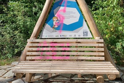 Eine beschmutzte Informationstafel am Förderturm der Entdecker-Spur. Der Erlebnisweg für Familien führt entlang des Radweges vom Tuttendorfer Weg zum Fuchsmühlenweg.