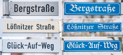 In Aue und Bad Schlema gibt es seit der Fusion gleich mehrere Straßennamen doppelt, darunter die Bergstraße, die Lößnitzer Straße und der Glück-Auf-Weg. Links sind die Schilder in Aue zu sehen, rechts die Schilder in Bad Schlema. Jetzt sollen die Doppelungen verschwinden. 