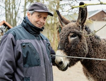 Tiergarten-Chef Michael Gottschald bei den Poitou-Eseln, die zu den Lieblingen der Besucher gehören.