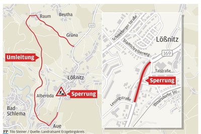 Die offizielle Umleitung führt weiträumig um Lößnitz herum.