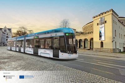 So soll der Prototyp der Wasserstoff-Straßenbahn aussehen.
