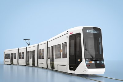 Designbild der Niederflurbahn für die Stadt Würzburg.