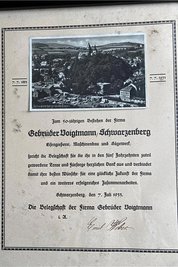 Belegschaftsschreiben anlässlich des 50-jährigen Bestehens der Firma Gebrüder Voigtmann in Schwarzenberg im Juli 1933.