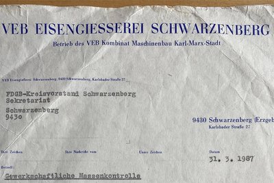 Briefkopf mit der genauen Betriebsbezeichnung der Eisengießerei Schwarzenberg im Jahr 1987.