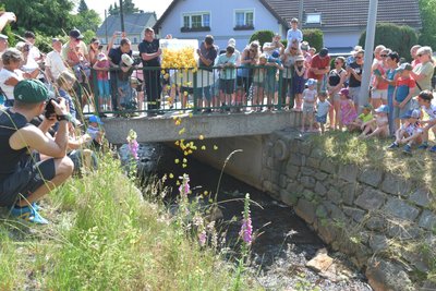 Start beim Entenrennen im Münzbach in Langenrinne im Freiberger Ortsteil Zug.
