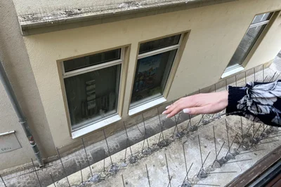 Mit diesen Metallspitzen werden die Stadttauben vom Rathaus ferngehalten.