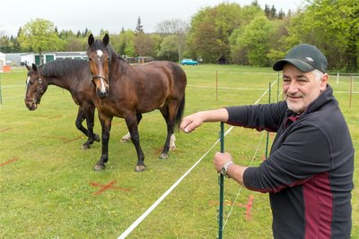 Nachdem Michael Weidensdorfer am Waldgasthof Bad Einsiedel die Wiese markiert hat, dürfen sich die Wallache Urmel und Under mit der Fläche vertraut machen, auf der sie am Donnerstag als Akteure beim Pferdeäppellotto agieren sollen.