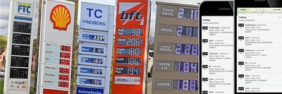 Die Spritpreise in Freiberg sind seit Monaten höher als in anderen Gemeinden und Städten, beispielsweise Chemnitz. Die an den Tankstellen zu sehenden Preisunterschiede betragen dabei durchschnittlich rund sechs Cent. Wie Einblicke in Tank-Apps zeigen, gar mit Preisunterschieden über zehn Cent. Bildgrafik: Uwe Mann, Fotos: Wieland Josch