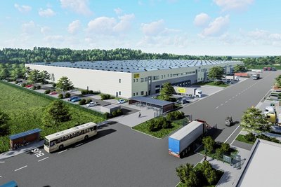 Der computergenerierte Entwurf zeigt, wie die Zufahrt zum Logistikzentrum Mittelsachsen in der Dorstener Straße einmal mit Busanbindung, Fahrradstation und Parkplätzen aussehen soll. 