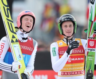 Wer lacht diesmal zuletzt? Titelverteidiger Severin Freund (links) oder Peter Prevc? Der Bayer sagt: "Skifliegen ist etwas Besonderes. Von daher ist man schlecht beraten, vorab Prognosen zu stellen."