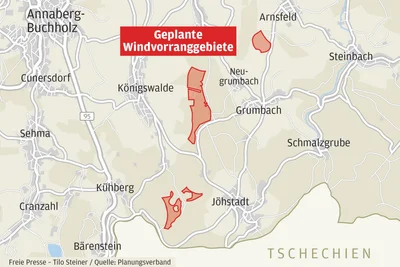 Diese vorgeschlagenen Windenergie-Vorranggebiete könnten laut einer NGO den Welterbe-Titel fürs Erzgebirge gefährden.