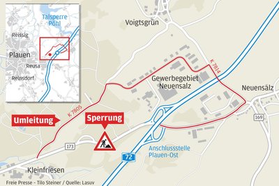 Die Umleitungsstrecke führt über das Gewerbegebiet Plauen/Neuensalz.