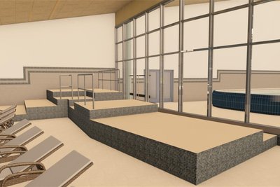 Blick in die Therapiehalle 2, die kleinere der beiden. Neu angelegt wurden die Podeste, die als Ruhebereiche dienen sollen.