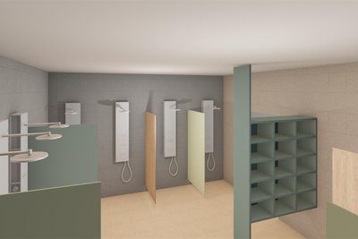 Blick in die Duschräume. Das meiste an Neuerungen verbirgt sich hinter Decken und Wänden, betrifft die Lüftungsanlagen ebenso wie die Leitungen.