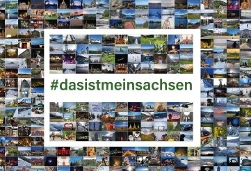 Ein Foto der Bildercollage von "Das ist mein Sachsen" steht im Büro des Ministerpräsidenten. 