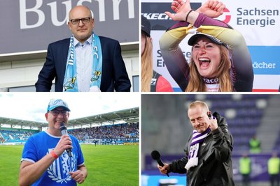 Sie hoffen naturgemäß auf einen Sieg ihrer Lieblingsmannschaft: CFC-Fan und Chemnitzer Oberbürgermeister Sven Schulze, FCE-Fan und Olympiasiegerin Julia Taubitz, CFC-Stadionsprecher Olaf Kadner und FCE-Stadionsprecher Mario Dörfler.