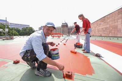 Das Europäische Netzwerk für Kreative Dachnutzungen hat mit Schülern das Dach der Stadthalle bemalt. Im Bild von links Larsen Bervoets, Lina Römer (16) und Anna Taube (15)