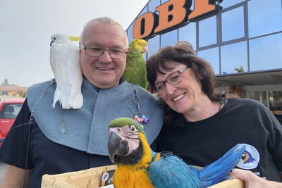 Unzertrennlich. Wenn Simone und Frank Kirschbaum unterwegs sind, haben sie ihre gefiederten Haustiere stets dabei.