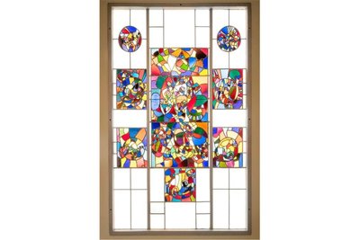 Fenster für das „Maercklinhaus“ in Stuttgart nach einem Entwurf von Adolf Hölzel von 1933/34, zu sehen in der Ständigen Ausstellung "Jugendstil bis Gegenwart".