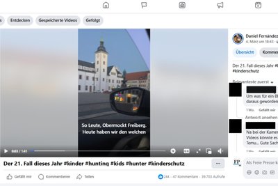 Der Screenshot zeigt einen Ausschnitt des Videos, in dem die Pedohunter aus Freiberg einen Lockvogel zu einem Treffen mit einem erwachsenen Mann schicken, der auf sexuelle Handlungen mit einer 13-Jährigen aus ist. Ort des Treffens: Der Freiberger Obermarkt. Das Video wurde auf mehreren Plattformen im Internet verbreitet.