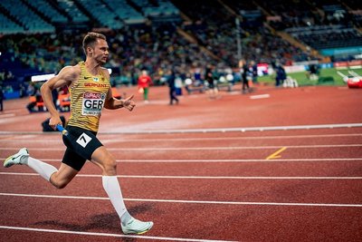 Der Freiberger Marvin Schlegel lief die deutsche 4-x-400-Meter-Staffel im Olympiastadion auf Bahn sieben an.