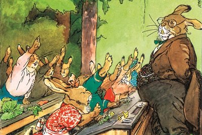Eine der bekannten Zeichnungen aus dem Kinderbuch „Die Häschenschule“.