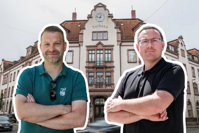 Gehen bei der OB-Wahl in Aue-Bad Schlema in Runde zwei ins Rennen: Marcus Hoffmann (CDU, Foto. l) und Stefan Hartung (rechtsextreme „Freie Sachsen“).