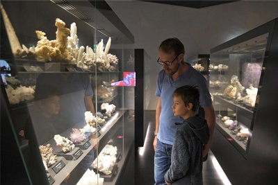 Mein Sohn und ich betrachten die Exponate in den Vitrinen mit Neugier, anfangs mit mehr, nach hunderten Gesteinen ist man jedoch überwältigt.