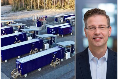 Ein Großbatteriespeicher mit einer Kapazität von 45 MW/90 MWh in Arneburg in Sachsen-Anhalt (l.). Mitnetz-Geschäftsführer Kai Richter: Die Nachfrage nach Anschlusskapazitäten für Speicher ist groß.