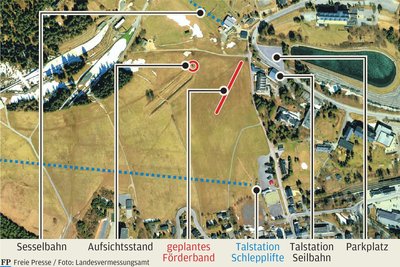 Die Grafik zeigt die ungefähre Lage des „Zauberteppichs“ am Fichtelberg. Zum Überwachen des Förderbands dient der Aufsichtsstand der früheren Schleppliftanlage an der Halfpipe.