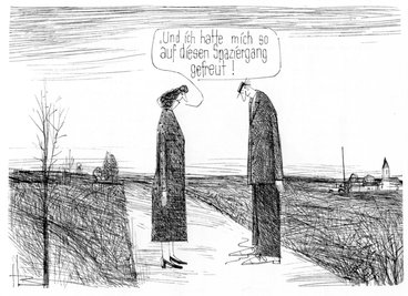 Textblasen gibt es bei Büttners Karikaturen selten, aber mitunter griff er auf sie zurück.