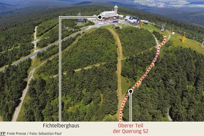 Die Aufnahme zeigt einen Teil der Querung, die verbreitert wird. Sie führt unten noch weiter bis hinüber zum Haupthang mit seinen Schleppliften.