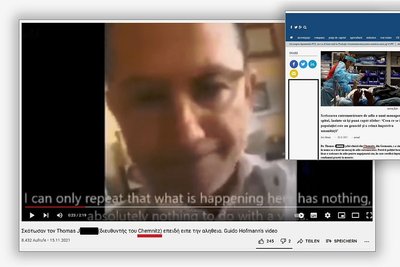Links ein angebliches Video des Chemnitzer Klinikmanagers, das in Wirklichkeit einen hessischen Gynäkologen zeigt. Rechts eine rumänische Webseite mit der Verschwörungsgeschichte über Chemnitz. 